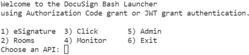 DocuSign Code Example Launcher for Bash, opening screen