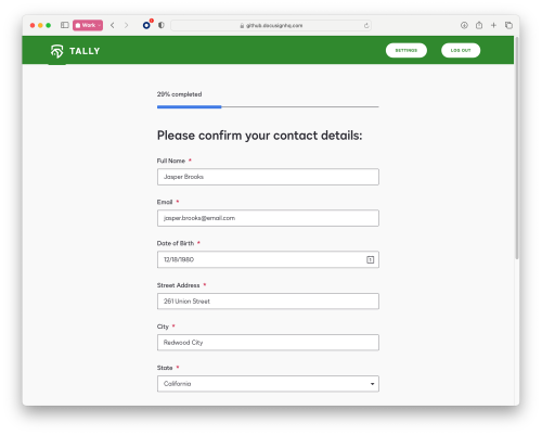 Sample web form instance