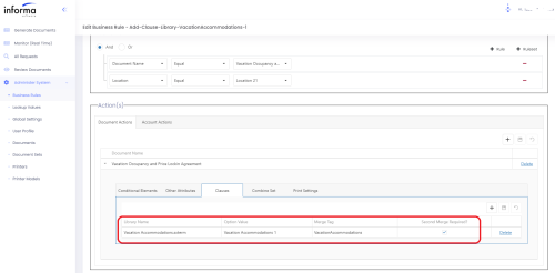 Informa business rules engine, showing clauses to be managed