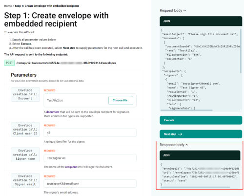 Step execution page with Response body after executing the step