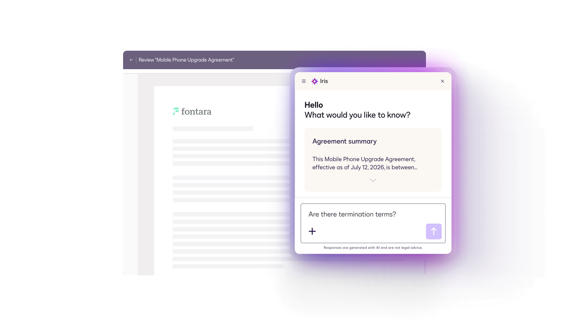 A user interface mockup showing an AI assistant chat window named "Iris" overlaid on a blurred document review page for a mobile phone upgrade agreement