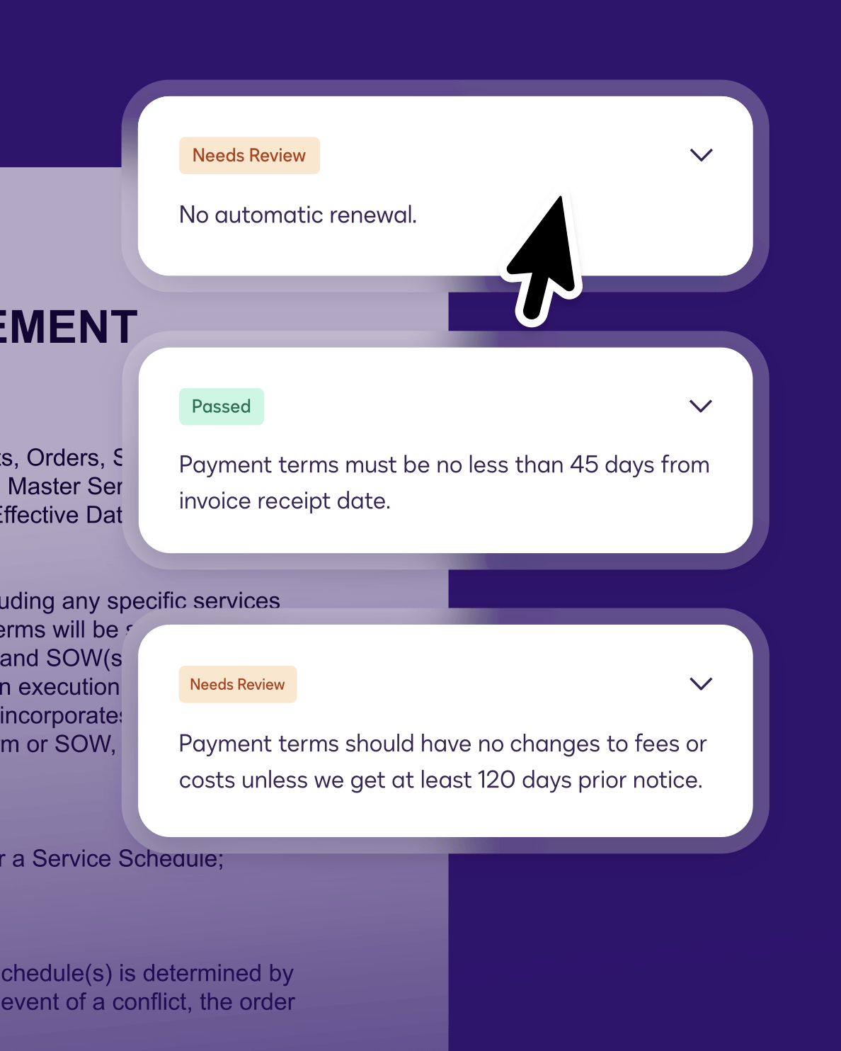 A document review UI showing three compliance status cards: two labeled "Needs Review" and one labeled "Passed".
