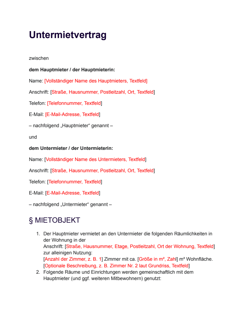 Untermietvertrag Fur Partner