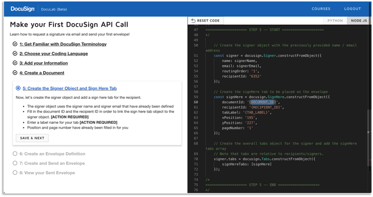 Screenshot of Docusign Dev Lab including the split-screen developer experience.