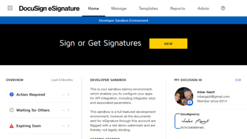 Docusign developer sandbox home screen