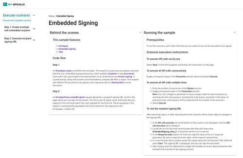 Scenario execution page with expanded Behind the scenes and Running the sample