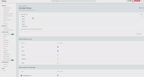 Configuring DocuSign settings in Copper.