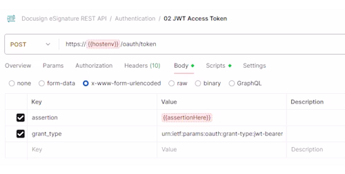 Postman request for token showing the assertion