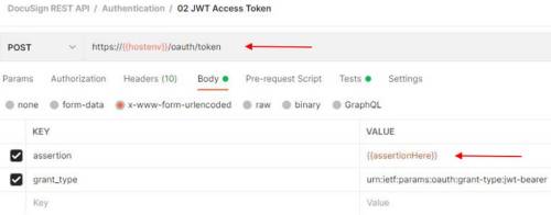 Postman request for token showing the assertion