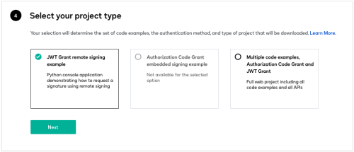 Quickstart step 4: Select project type