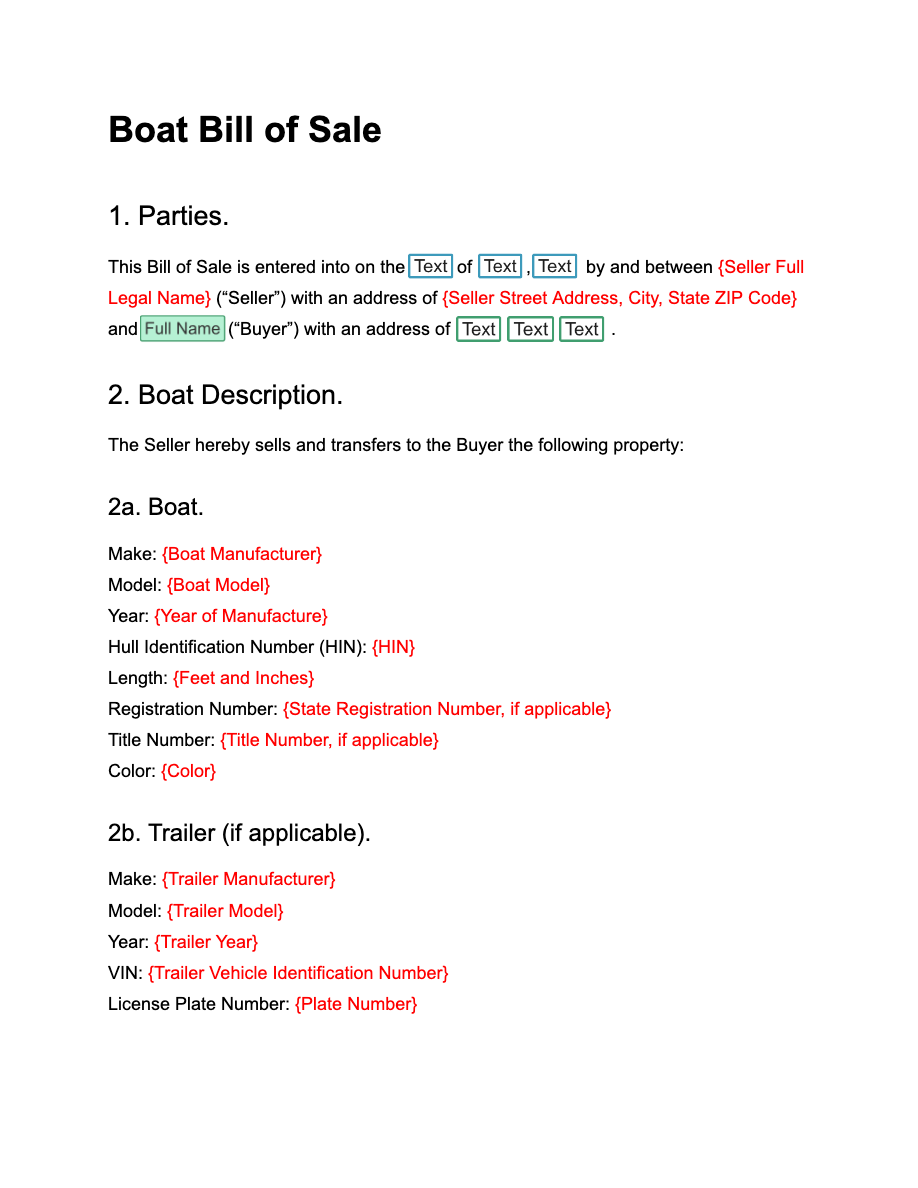 Free Boat Bill of Sale Template Example | Docusign, image size:918x1188