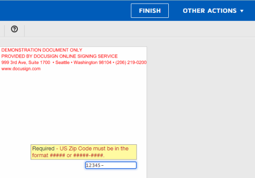 Data validation error message appearing on DocuSign tab