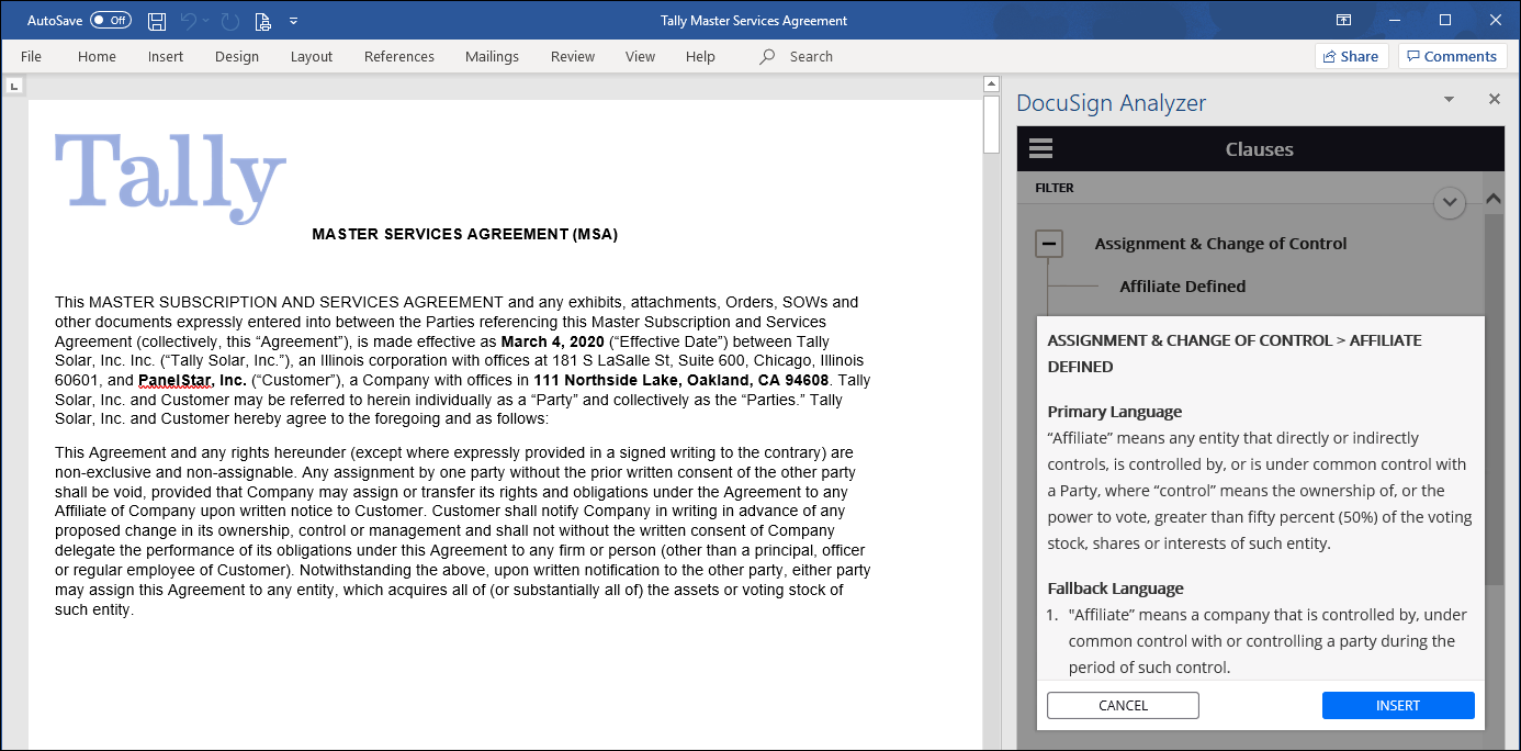 Screenshot of a clause library in DocuSign