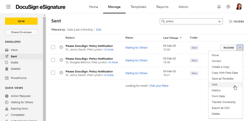 Quick Tip: How to delete, decline or void envelopes in Docusign
