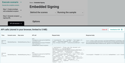 Scenario execution page API call execution list