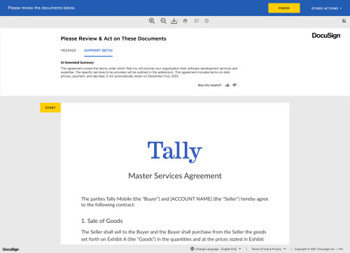 Summary generated for contract in DocuSign