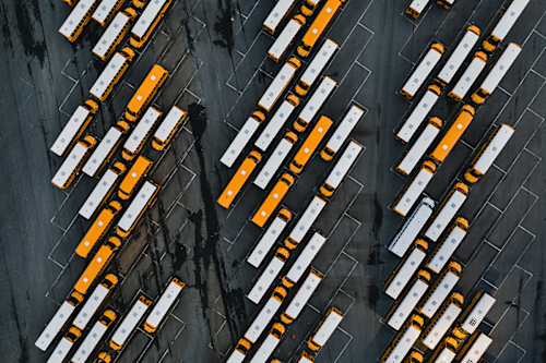 An overhead view of a truck parking lot