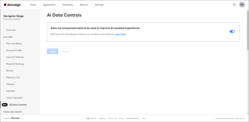 AI Data Controls setting in Docusign screenshot