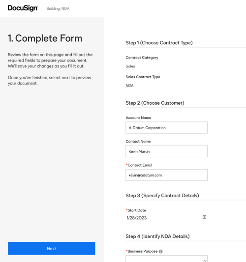 The completed Doc Gen form generated from the XML