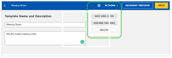 Actions menu in Docusign