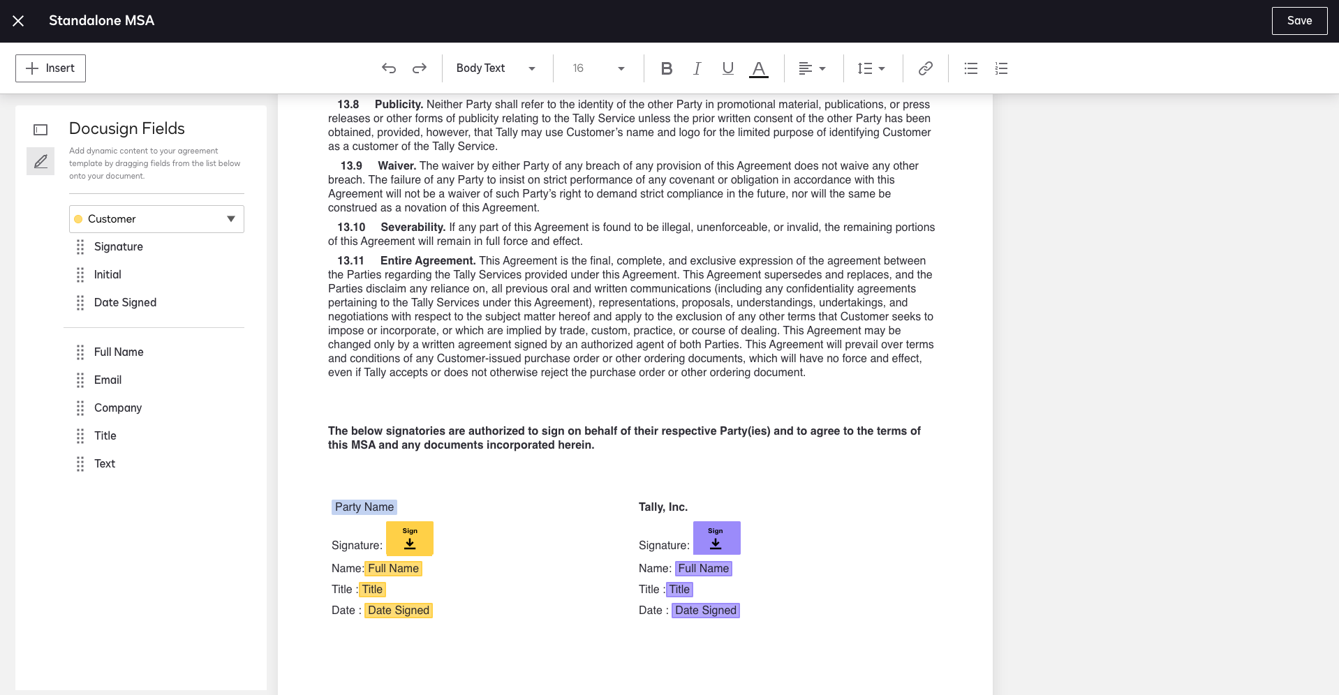 Screenshot of eSignature tags in CLM Essentials