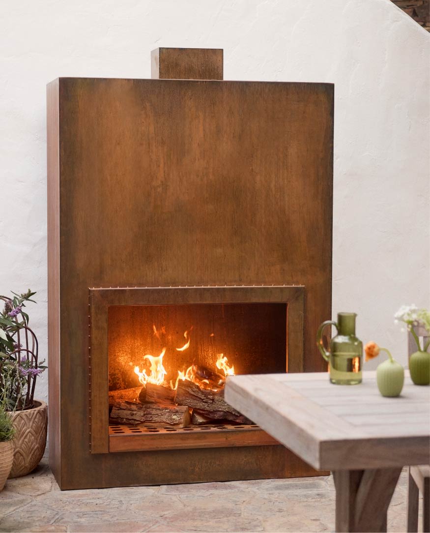 Outdoor Fireplaces cor-ten steel ages beautifully + is corrosion-resistant—a low-maintenance all season essential