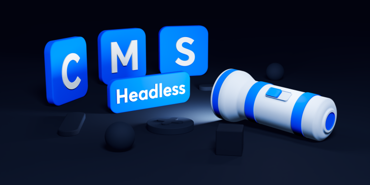 A 3D model of a flashlight shining light on the word 'headless CMS'.