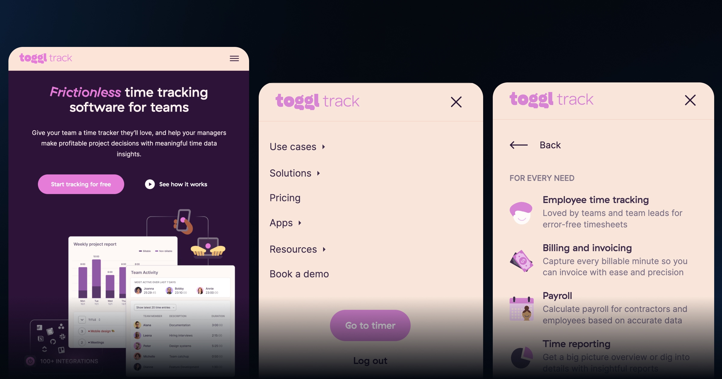 Toggl Mobile Menu