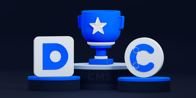A 3D model of the DatoCMS and Contentful logos on a stage with a trophy render.