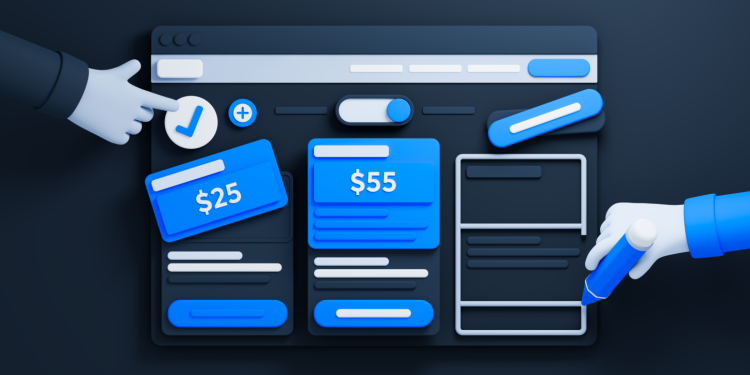 A 3D render of a SaaS pricing page being put together by two arm figures.