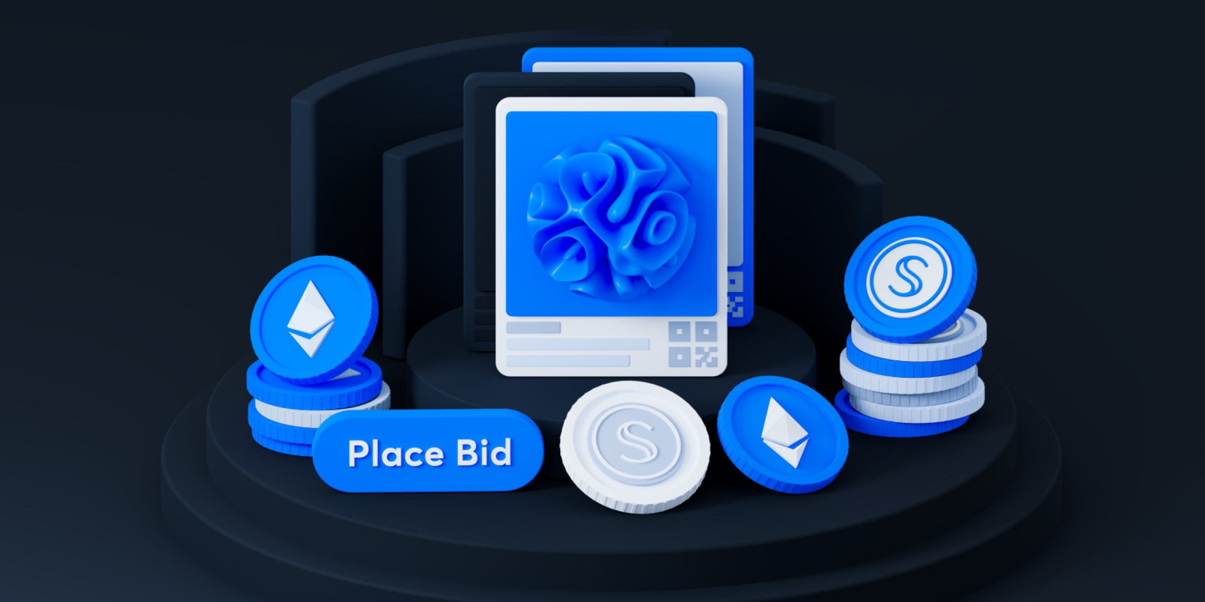 A 3D render displaying a non-fungible token (NFT) and the Ethereum and Secret Network logos resting on a platform.