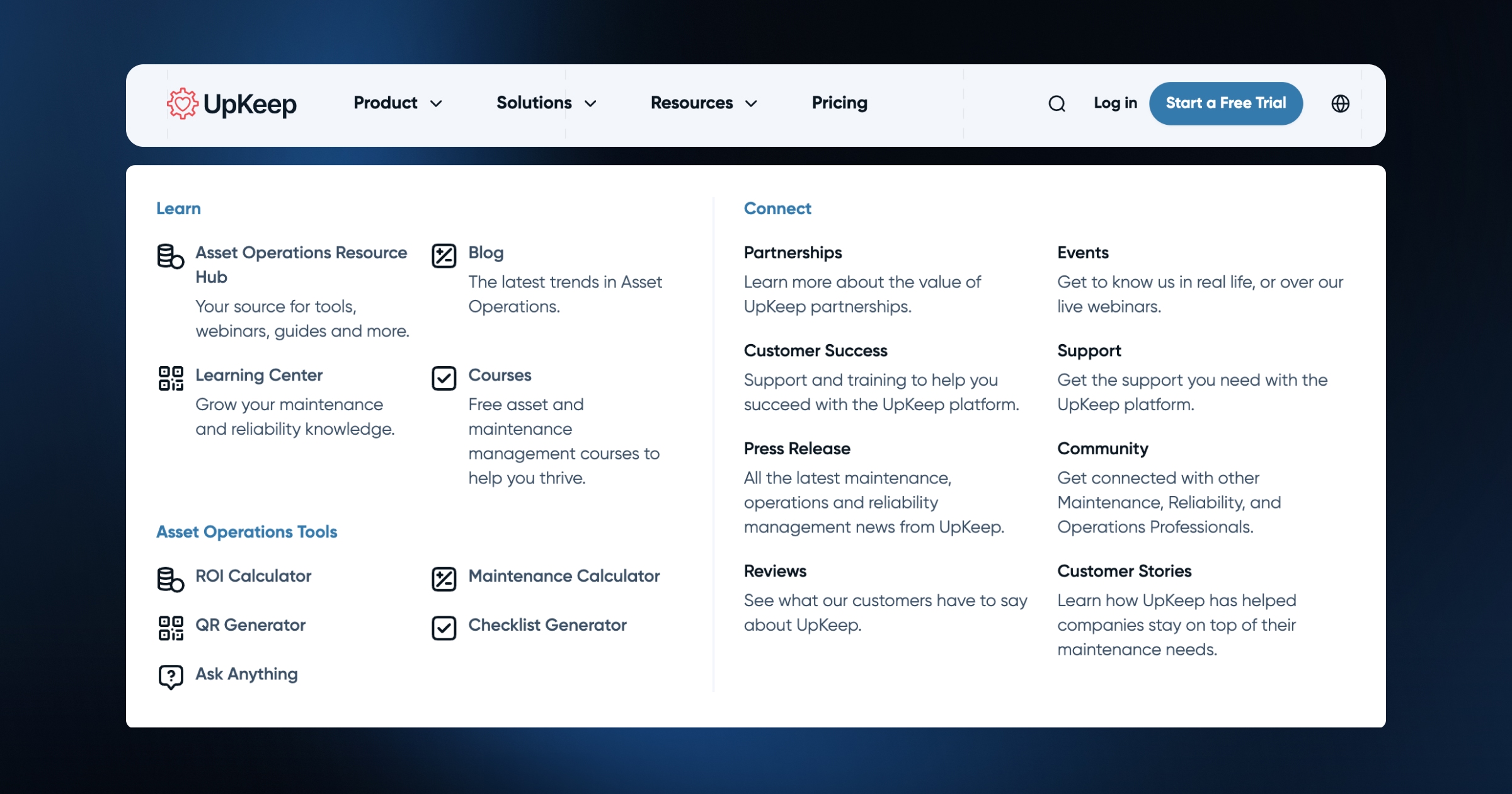 UpKeep navigation menu