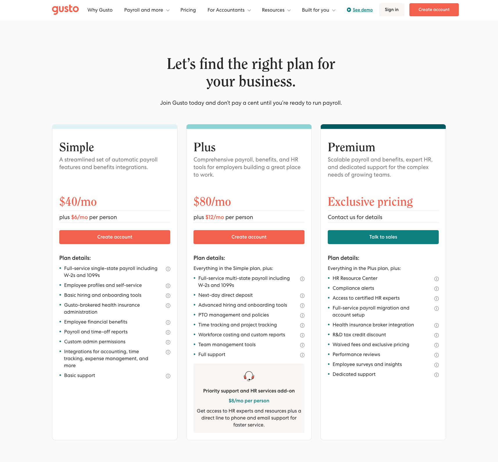 Gusto pricing page