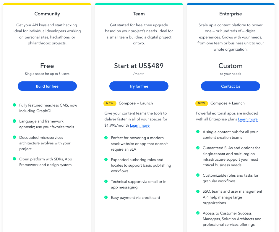 Contentful pricing table