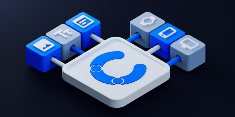 A custom 3D render of the Contentful logo as a platform connected to 3D blocks.