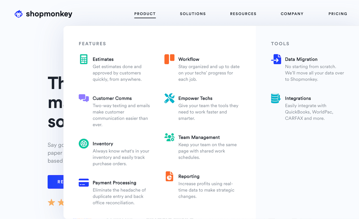 Shopmonkey's Website Uses a Mega Menu Design to Highlight's Their SaaS Product Features