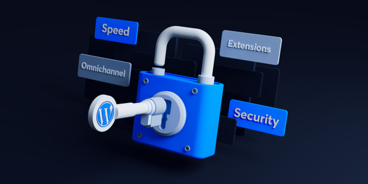 A 3D model of a padlock with a WordPress branded key.