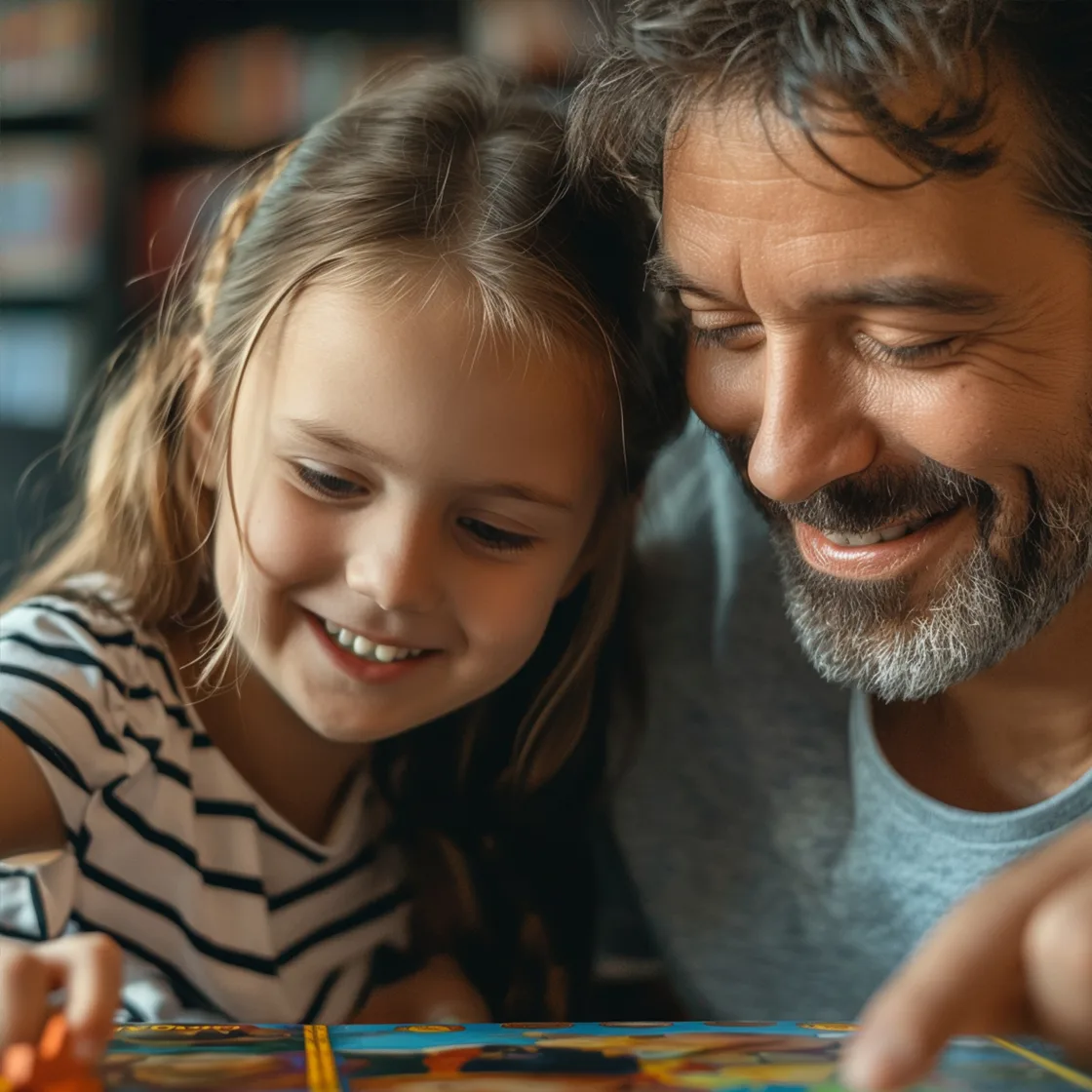 Nina y papa disfrutando de juegos para le dia del padre