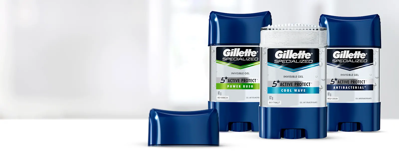 Familia de antitranspirantes en gel de Gillette para hombre con protección invisible para las axilas sin manchas blancas en la aplicación.