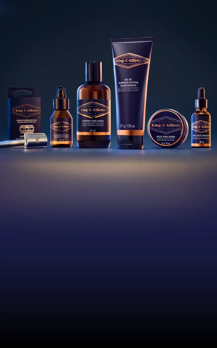 El banner de la página de inicio de Gillette México muestra los productos para el cuidado de la barba King C. Gillette