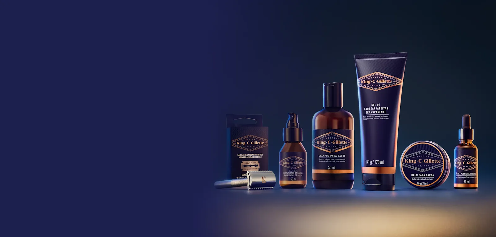 El banner de la página de inicio de Gillette México muestra los productos para el cuidado de la barba King C. Gillette