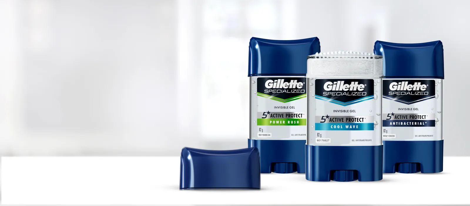 Familia de antitranspirantes en gel de Gillette para hombre con protección invisible para las axilas sin manchas blancas en la aplicación.