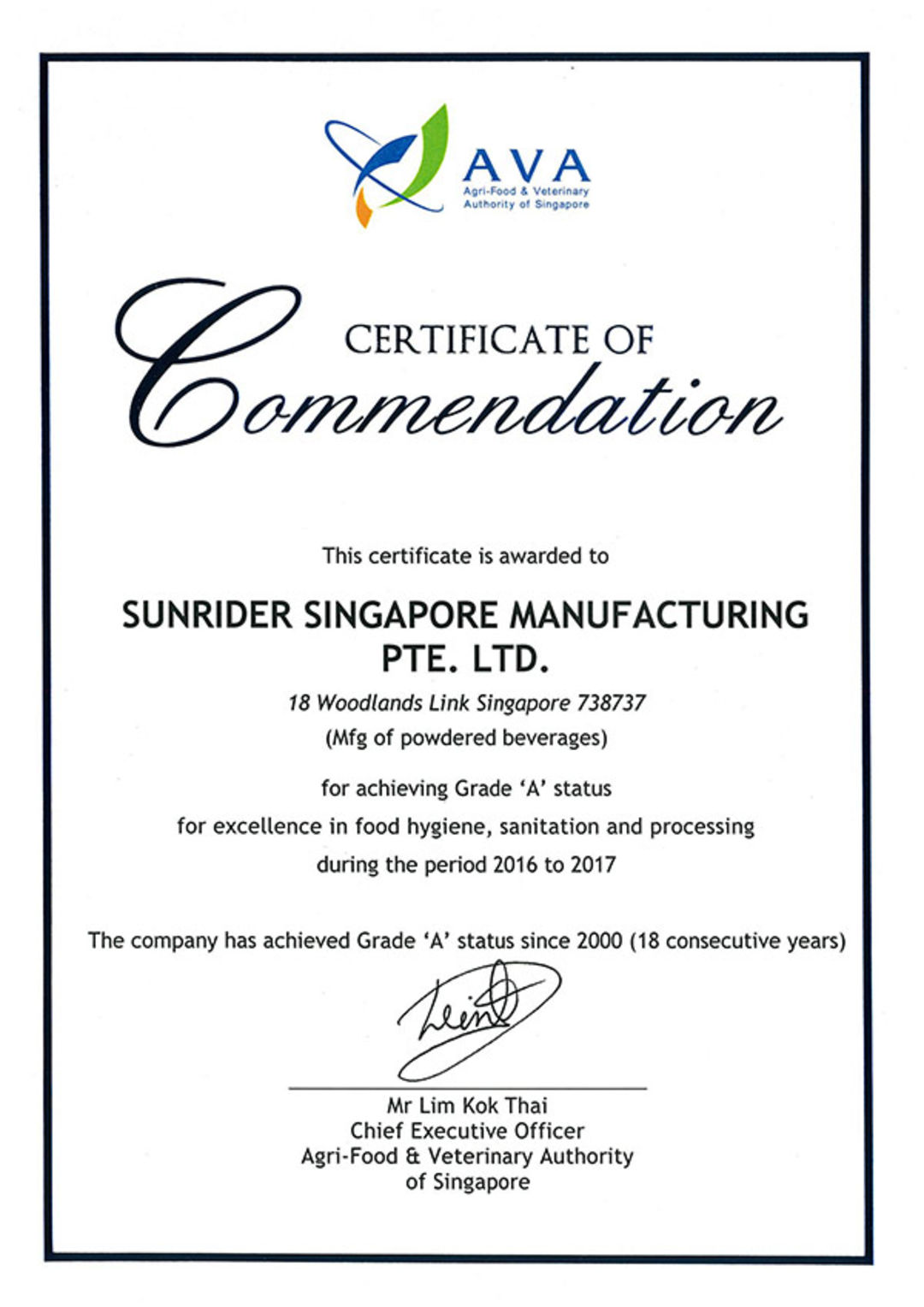 Sunrider Singapore Manufacturing Recognized for Food Safety Excellence