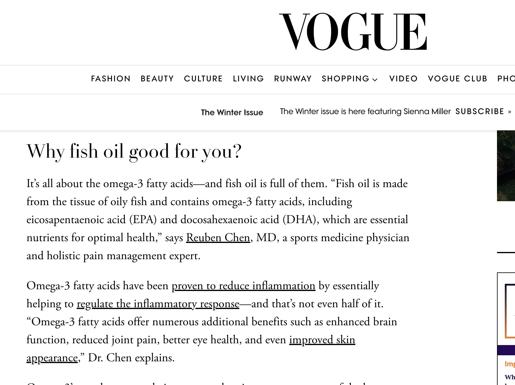 Dr. Reuben Chen Provides Insights on Fish Oil and Inflammation in Vogue Magazine 2