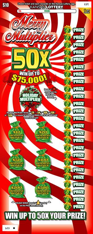 MERRY MULTIPLIER 50X scratch-off ticket