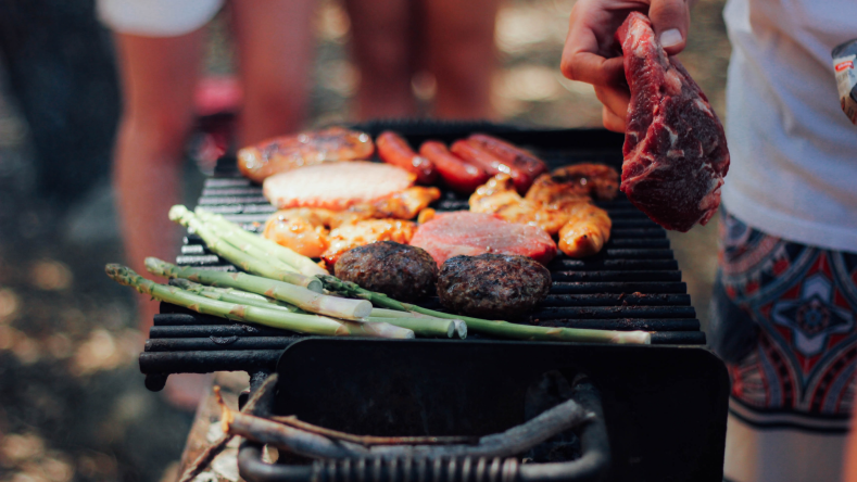 grilling steak, chicken, and hamburgers 