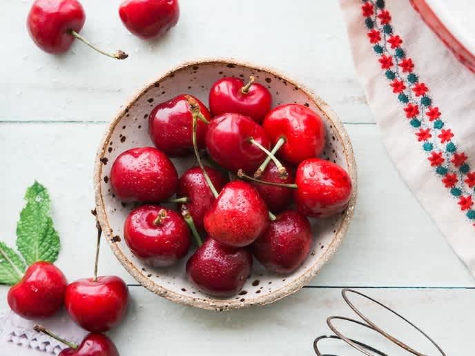 Tart cherries in a stone bowl