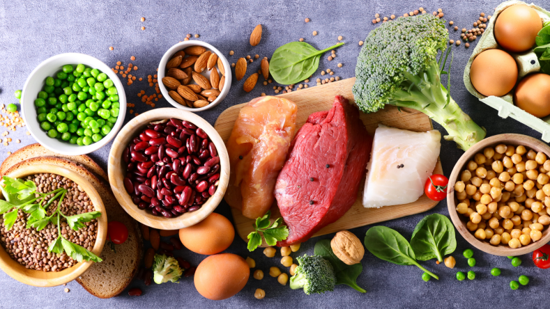 assortment of protein sources from beans, meat, and eggs