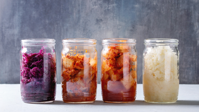 Probiotic foods in glass jars