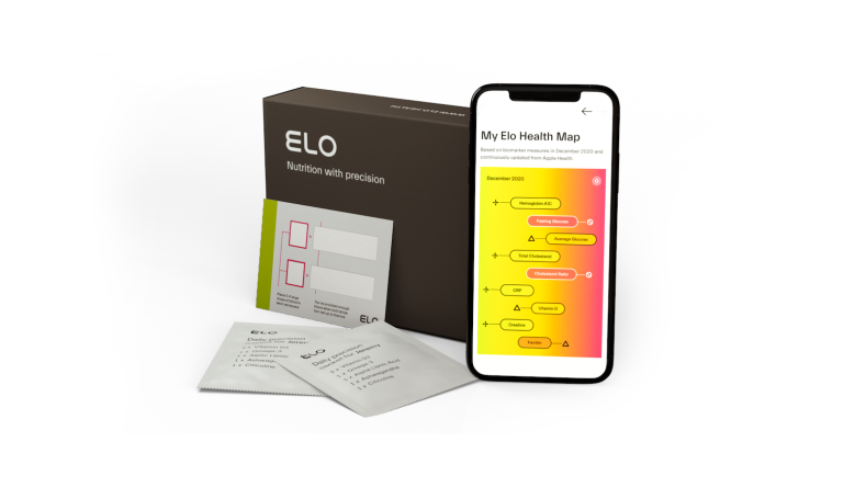 Elo biomarker kit, biomarker collection card, app screen and 2 precision supplement packets on a white background
